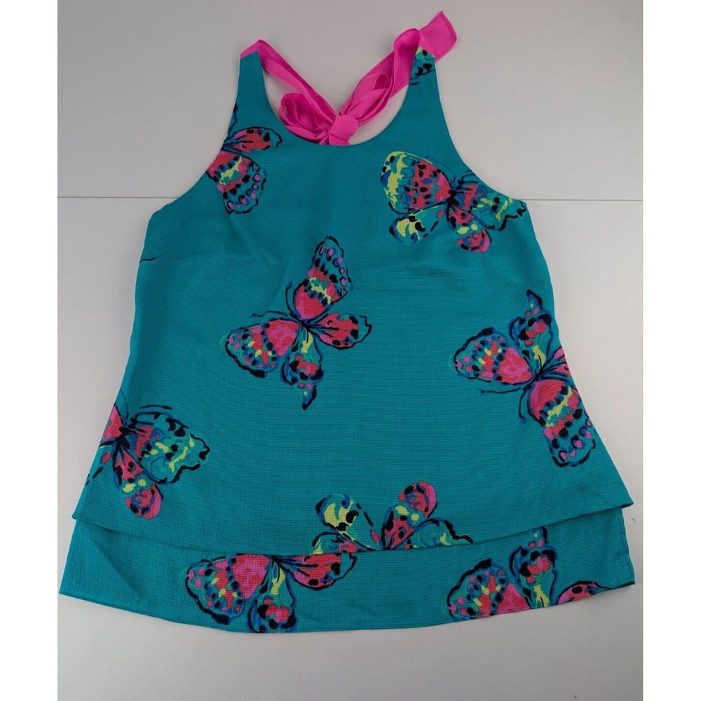 Lilly Pulitzer Blouse Women's‎ Medium Green Fushia Butterflies Lined Sheer Top